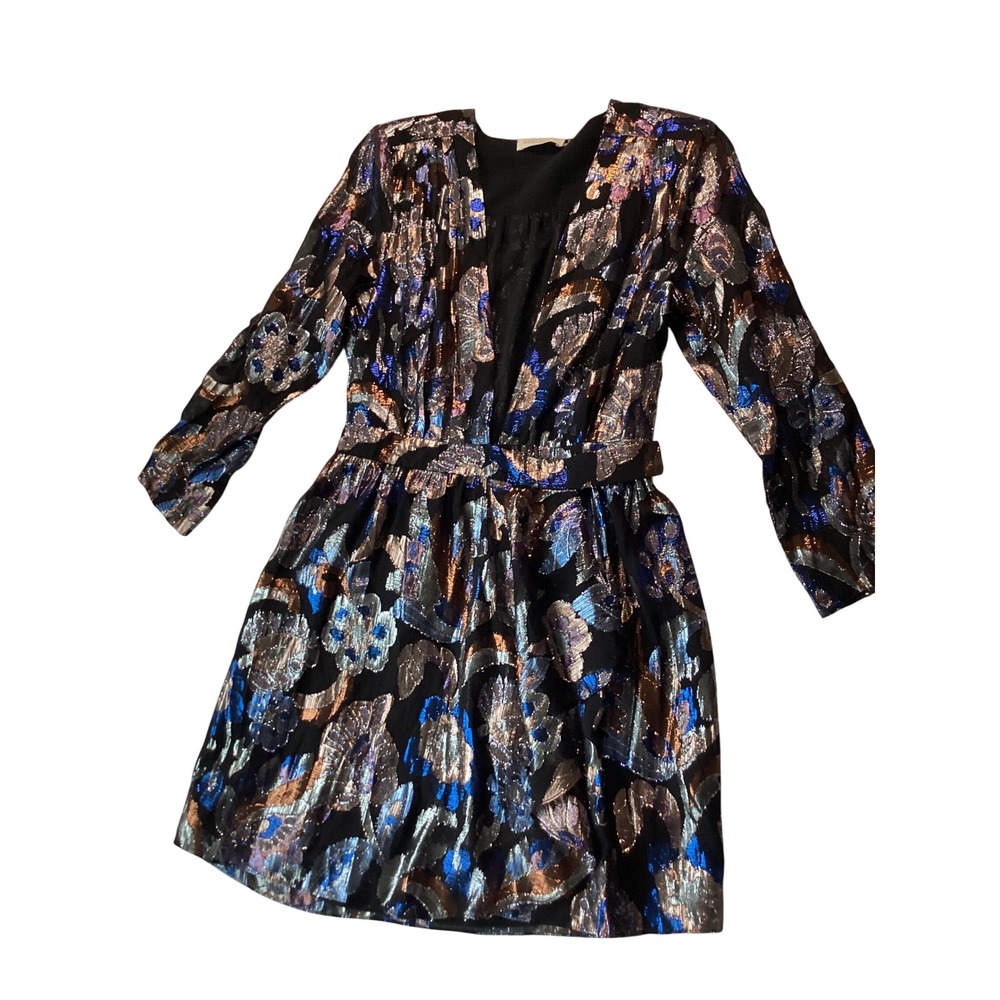 Rammy Brook Metallic Floral Mini Dress Black Blue Gold Long Sleeve Size 2